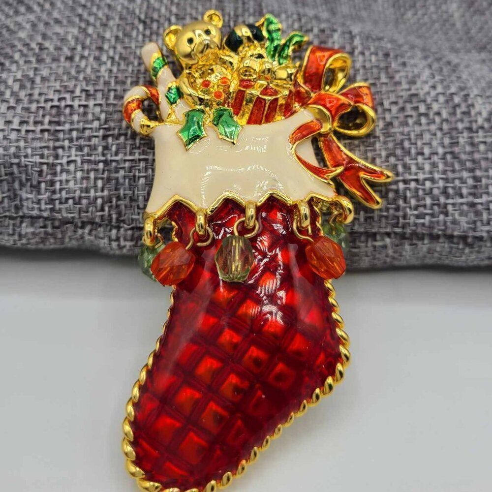 Christopher Radko Enamel Christmas Stocking with Toys Brooch